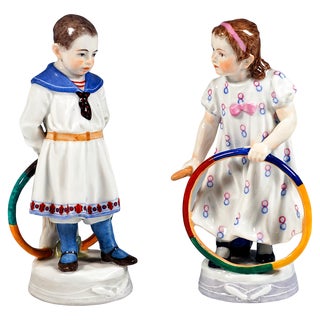 Art Nouveau Meissen Figurine Boy & Girl with Hoops by A. Koenig, 1910, Set of 2 For Sale