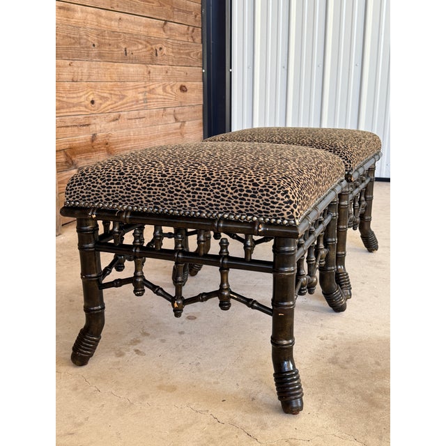 Vintage Chinoiserie Faux Bamboo Fretwork Ottomans With Leopard Upholstery-Pair For Sale - Image 10 of 12