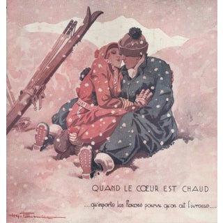 1931 Vintage French Print-Ski Lovers For Sale