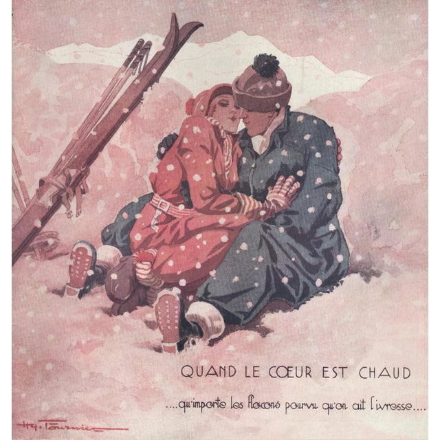 1931 Vintage French Print-Ski Lovers For Sale