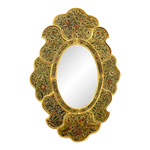 Spanish Colonial Bird & Floral Decorated Gilt Scalloped Verre Églomisé Mirror