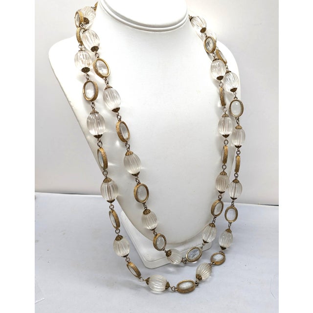 Vintage 1970s Signed DeLillo Goldtone Clear Beaded Sautoir Necklace For Sale - Image 4 of 8