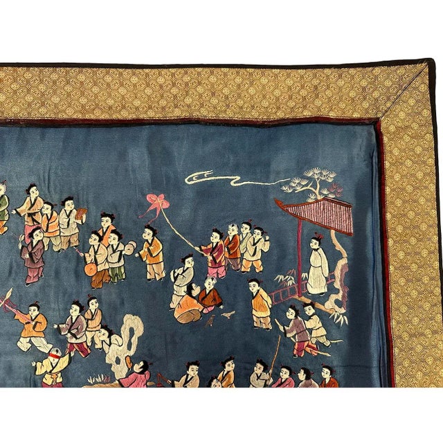 Black Mid-20th Century Chinese Silk Embroidery Baizi Playing in Spring For Sale - Image 8 of 10