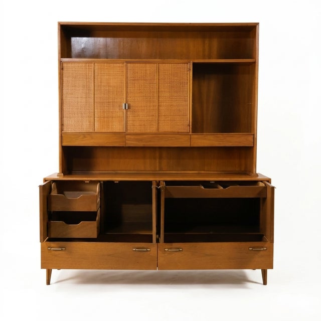 Wood Red Lion Vintage Mid Century Modern Two-Piece China Cabinet Buffet and Hutch C. 1960s For Sale - Image 7 of 14