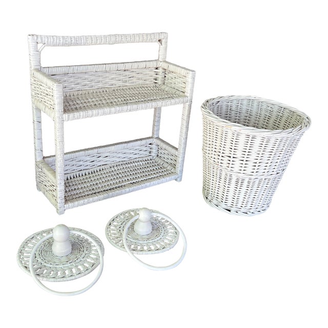 Vintage White Wicker Bathroom Set | Shelf Towel Rings Wastebasket | Rustic Boho Cottagecore Decor For Sale