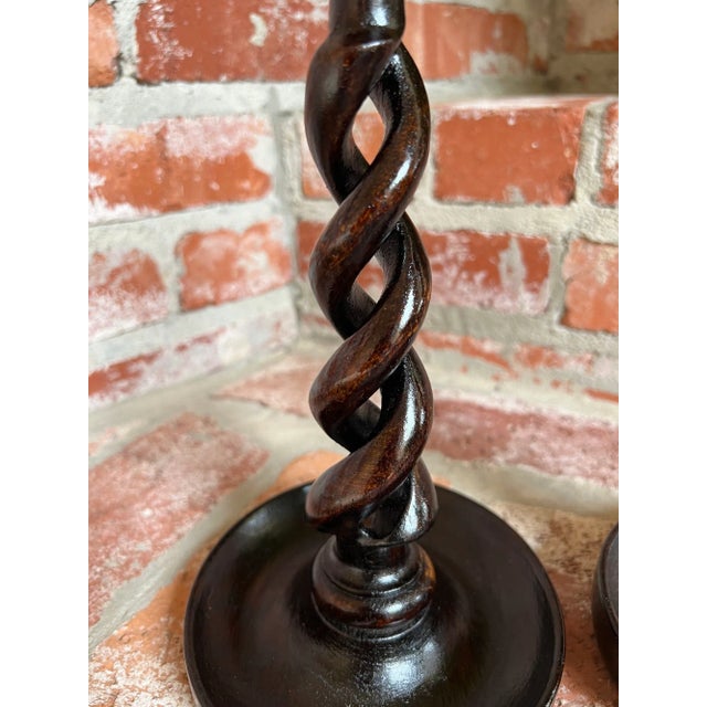 Brown Pair Set Antique English Oak Open Barley Twist Candlesticks Candle Holder Brass For Sale - Image 8 of 12