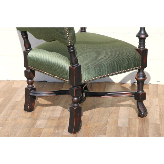 Pair of Antique High Back Throne Armchairs | Green Upholstery & Gold Monogram | Early 20th Century For Sale - Image 18 of 18