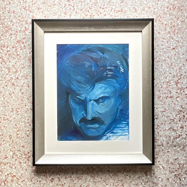 Vintage Signed Blue Expressionist Male Portrait Oil Painting For Sale - Image 9 of 15