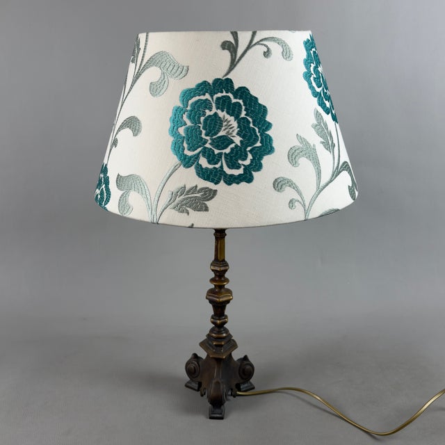 Brass Table Lamp with Fabric Lampshade, 20th Century For Sale - Image 4 of 11