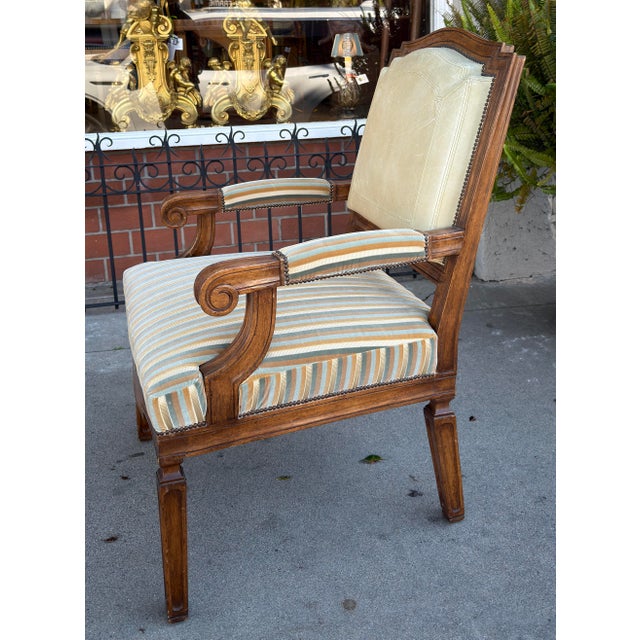 Wood Hendrix Allardyce Neoclassical Walnut Leather & Velvet Arm Chair For Sale - Image 7 of 8