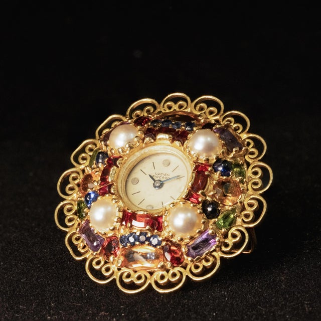 Modern 1950s Vintage Lucien Piccard 14k Pearl Multi-Color Gemstone Watch Brooch For Sale - Image 3 of 12