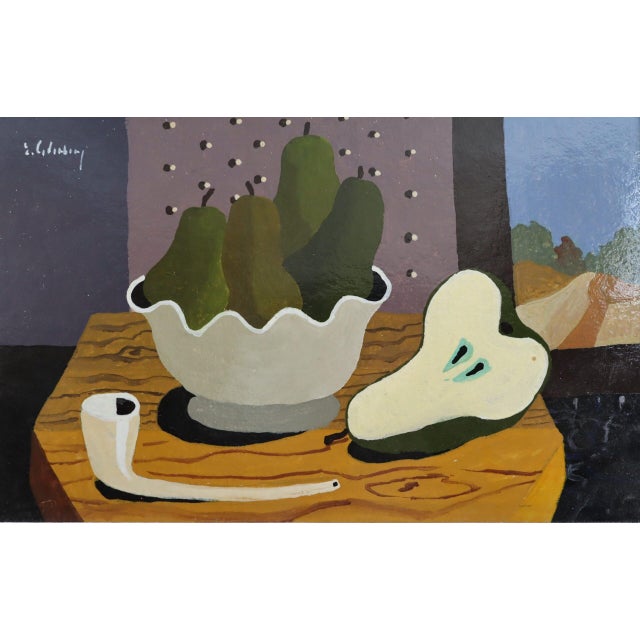 Green Mid Century Modern 'Tabletop With Pears' Vintage Original Still Life Tempera Painting by Swedish Artist Eric Cederberg (1897-1984), Framed For Sale - Image 8 of 12
