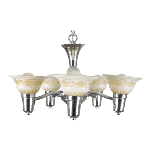 1930s Traditional 5 Light Nickel Shade Chandelier For Sale