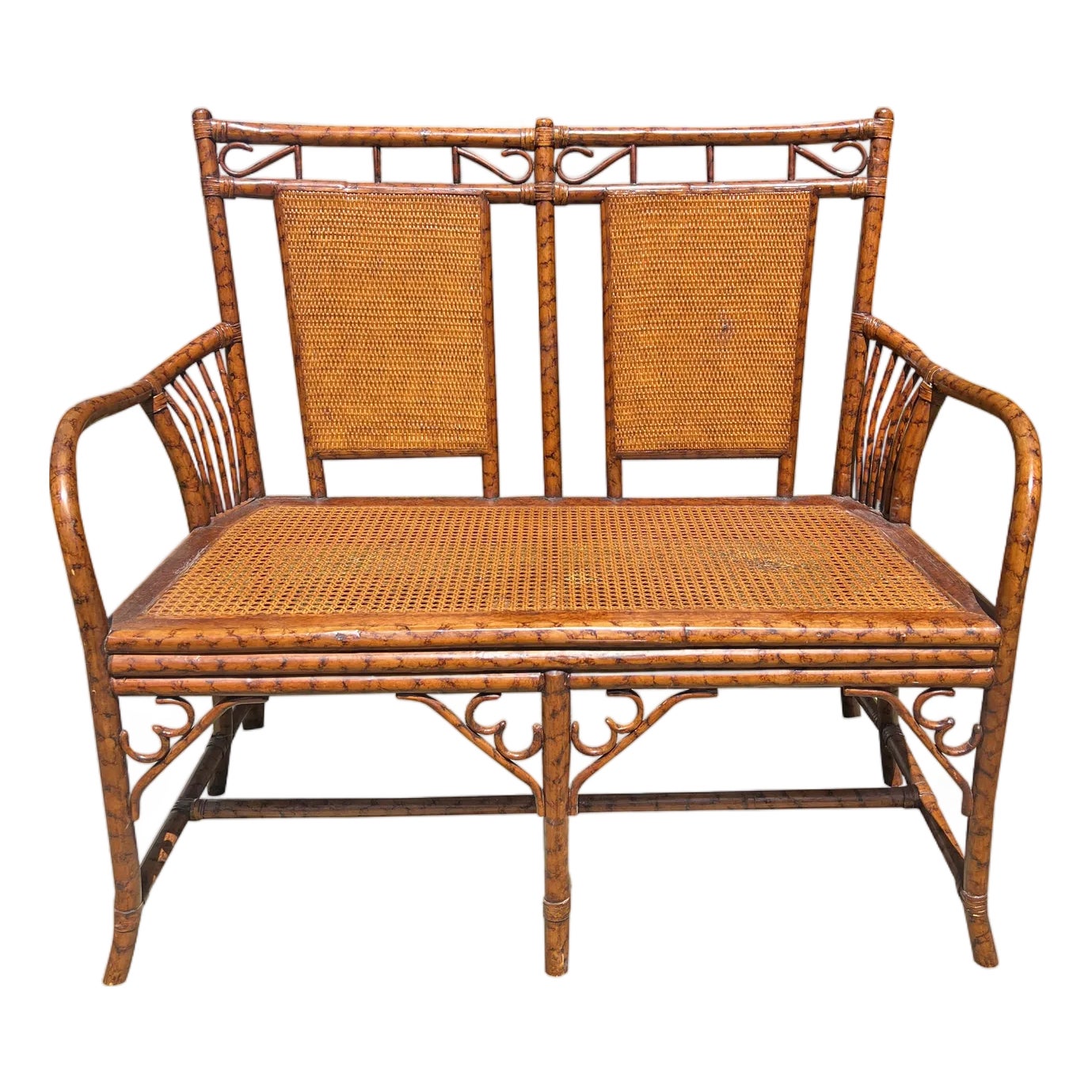 Vintage Rattan Bamboo Bench Settee in Chinoiserie Style | Chairish