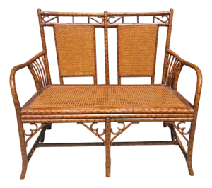 Vintage Rattan Bamboo Bench Settee in Chinoiserie Style
