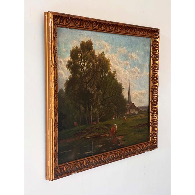 Pastoral Landscape, Oil Painting on Wood Panel, Framed For Sale - Image 5 of 11