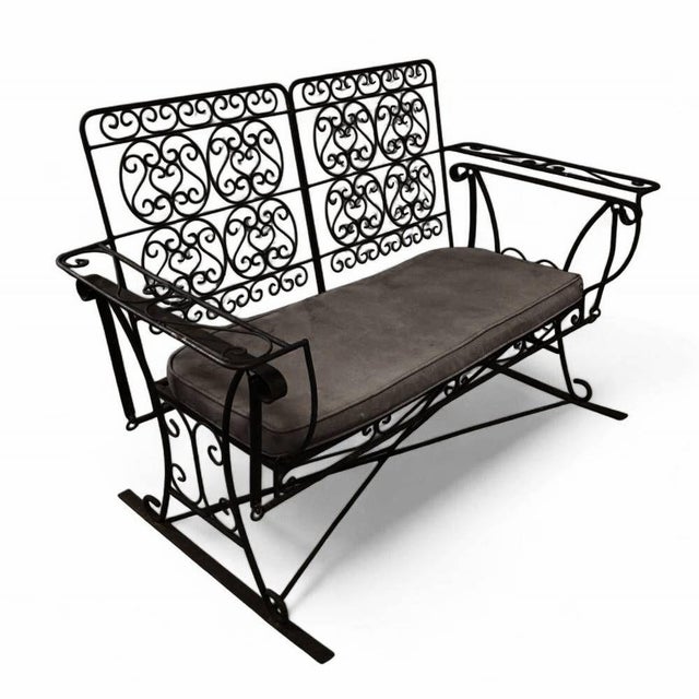 Mid-Century Modern 1950s Wrought Iron Slider Rocking Chair & Settee with Scrolling Arms For Sale - Image 3 of 10