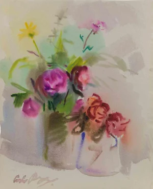 Carlo Ravagnan, Still Life with Vases of Flowers, Watercolor, 1972