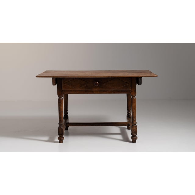 Wood 19th Century French Chestnut Brown Oak Table with Single Drawer For Sale - Image 7 of 15