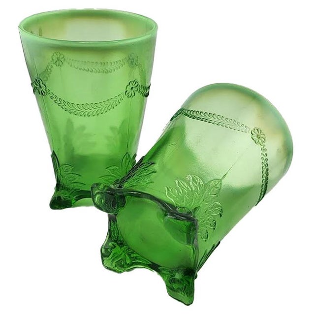Vintage Jefferson Glass emerald green opalescent spooner in the "Swag with Brackets" pattern, circa 1903.This piece of...