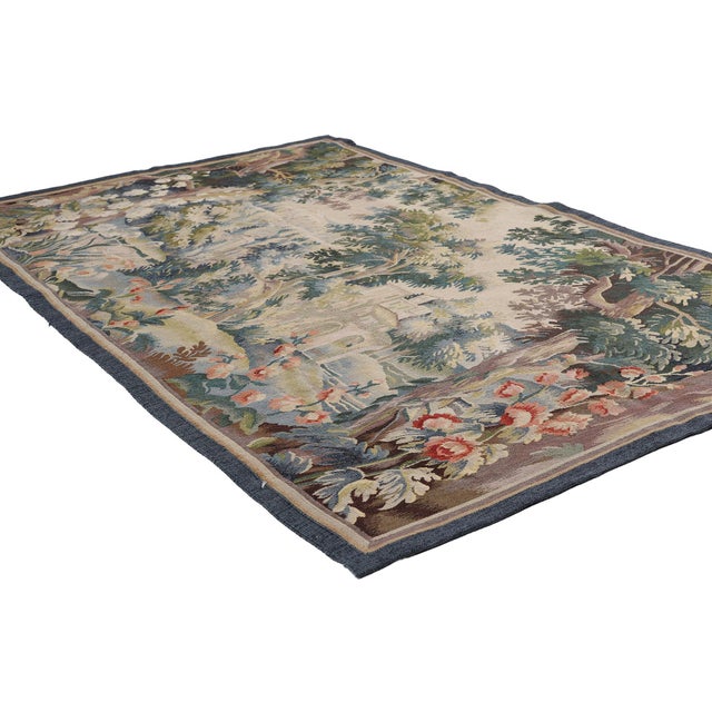 79486 Vintage Chinese Aubusson Tapestry, 04'11 x 03'01. The Pastoral Chateau: A Verdant Chinese Aubusson Tapestry of...