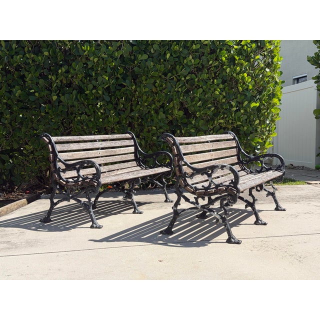 Traditional Vintage Cast Aluminum & Oak Garden Benches, Pair For Sale - Image 3 of 12