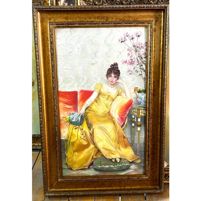 Portraiture Elegant European Portrait Wall Art – Woman in a Golden Yellow Gown With Ornate Gold Leaf Wood Frame For Sale - Image 3 of 3