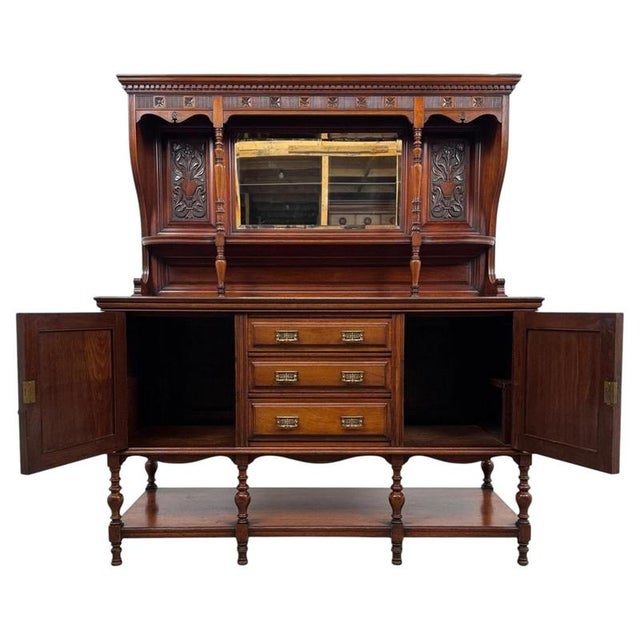 Antique English Carved Walnut Mirror-Back Sideboard, 1900s For Sale - Image 4 of 13