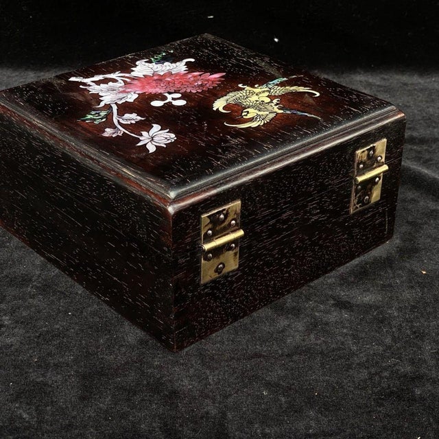 Square Hardwood Jewelry Box, Mother-of-Pearl Shell Inlay, Phoenix and Chrysanthemum, Chinoiserie Decorative Treasure Box For Sale - Image 10 of 10