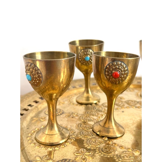 Vintage Brass Moroccan Brass Tea Set – 8 Pieces | Gemstone Inlay For Sale - Image 9 of 12