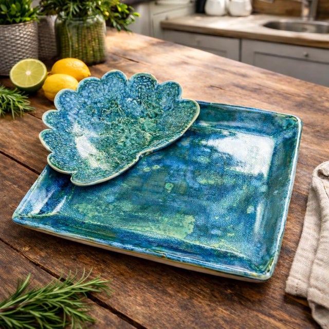 Blue-Green Crystalline Glaze Studio Pottery Serving Platter With Sculptural Bowl, 13″ For Sale - Image 9 of 9