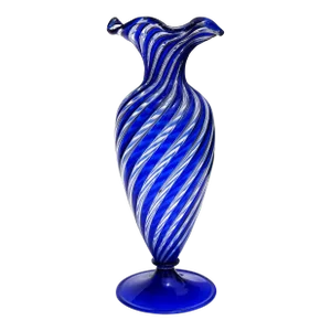 Murano AVeM Vintage Swirling Sapphire Blue Clear Stripes Italian Art Glass Ruffle Rim Flower Vase