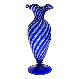 Vintage Murano AVeM Swirling Sapphire Blue Clear Stripes Italian Art Glass Ruffle Rim Flower Vase For Sale
