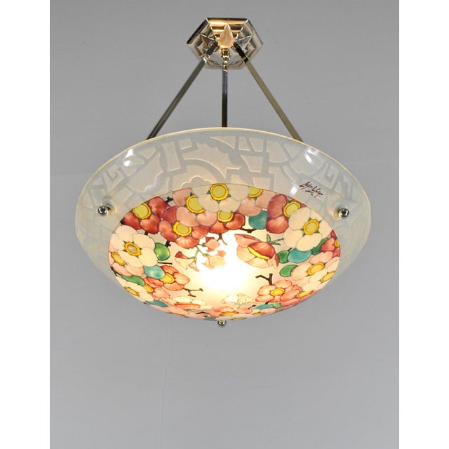 French Art Deco Pendant Light by Loys Lucha 1930s - Pink Enameled Floral Bowl For Sale - Image 4 of 13