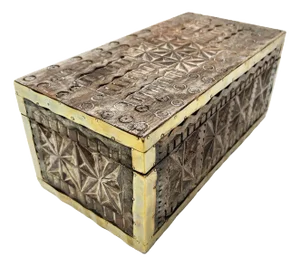 Vintage Hand Carved Oak Wood Box W/ Brass Trim Detailing