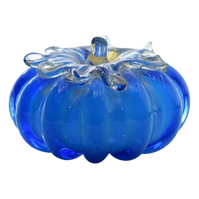 Vintage Art Glass Blue Pumpkin-Shaped Glass Bowl, Italy, 1970s For Sale