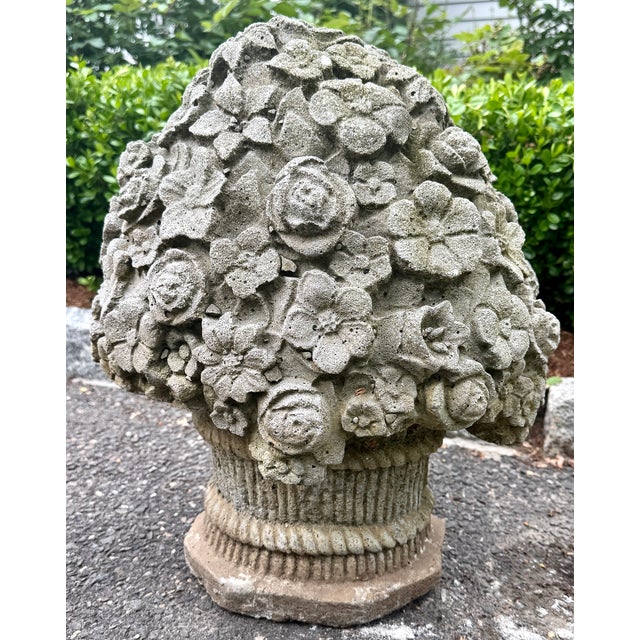 Cast Stone Flower Basket Sculpture Garden Ornament Mid 20th Century For Sale - Image 9 of 18