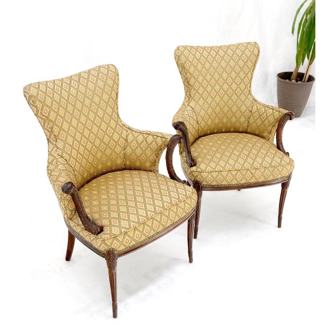 Traditional Pair of Antique Carved Mahogany Upholstered Fireside Arm Chairs For Sale - Image 3 of 13