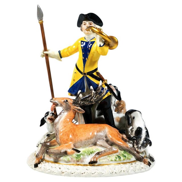 Ceramic Hunter with Stag and Pack of Dogs by J.F. Eberlein for Meissen Group, 1860 For Sale - Image 7 of 7
