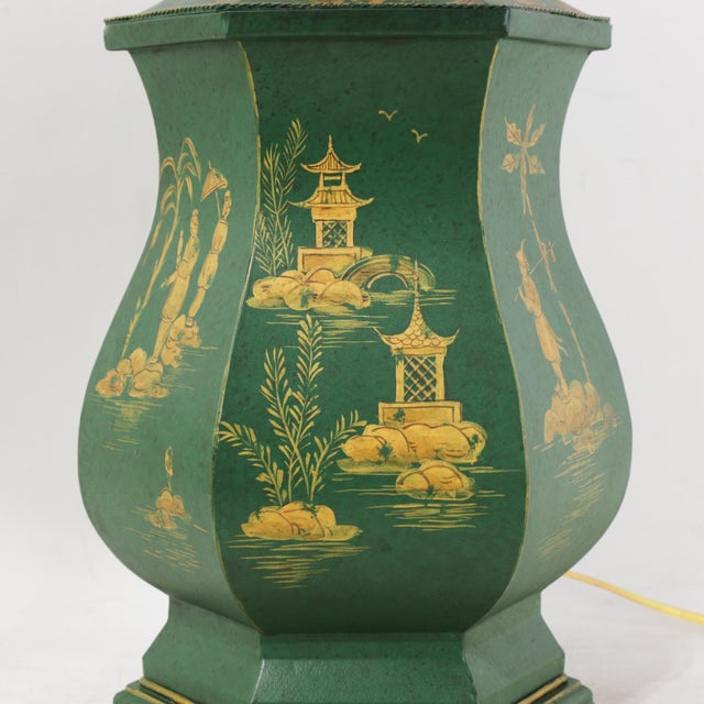 Vintage Green and Gold Hand Painted Tole Scalloped Hexagon Table Lamp Chinoiserie Temple Shape Pagoda Scene For Sale - Image 10 of 15