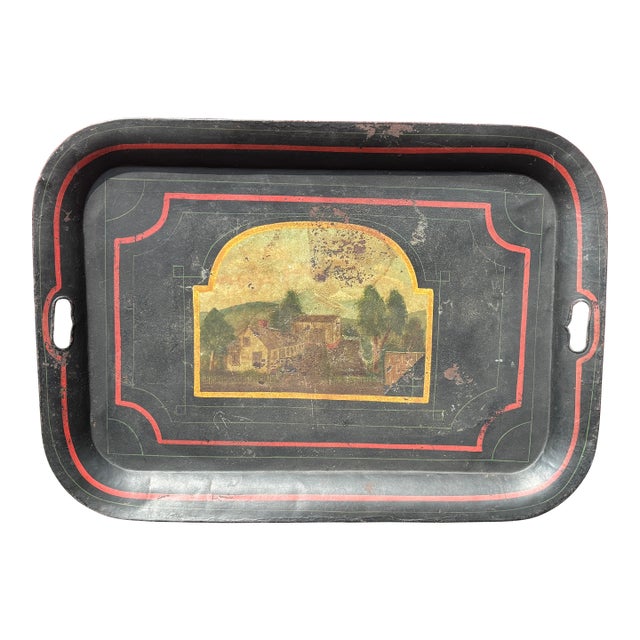 18th/19th Century Hand Painted and Artisan Formed Tole Tray - Large Size - New England Village Imagery For Sale