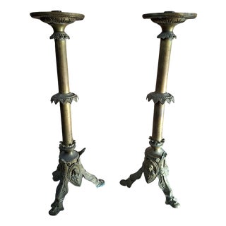 Antique Neo-Gothic Style Bronze Altar Candleholders, 1880, Set of 2 For Sale