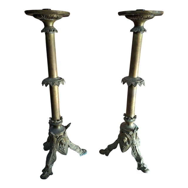 Antique Neo-Gothic Style Bronze Altar Candleholders, 1880, Set of 2 For Sale