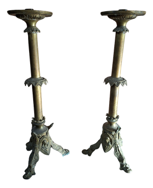 Antique Neo-Gothic Style Bronze Altar Candleholders, 1880, Set of 2