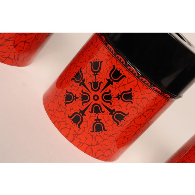Set of Three Japanese Modern Nesting Canisters With Red and Black Floral Decoration For Sale - Image 10 of 18