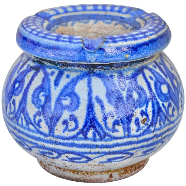 Antique handcrafted and glazed ceramic ashtray from Fez, Morocco with an intricately hand-painted Moorish design in blue...