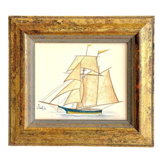 Original Hand-Painted Sailboat Painting in a Vintage Italian Frame For Sale