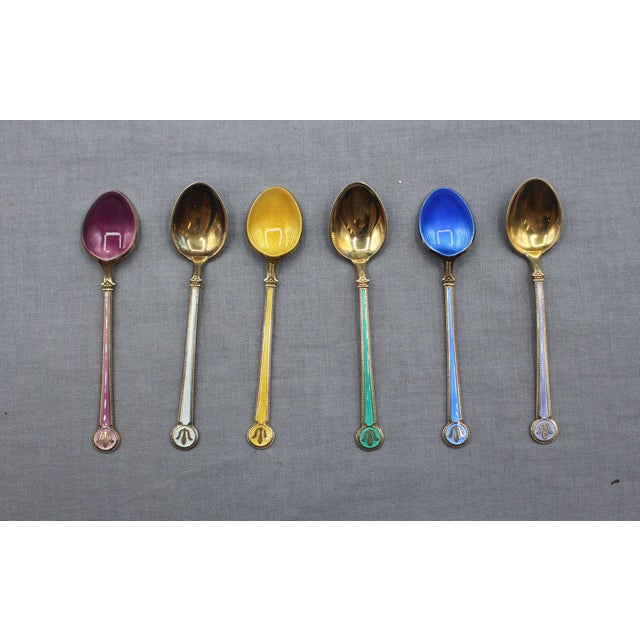 Mid-20th Century Norwegian Set of 6 Gilt, Sterling Silver, and Enamel Demitasse Spoons For Sale - Image 9 of 10