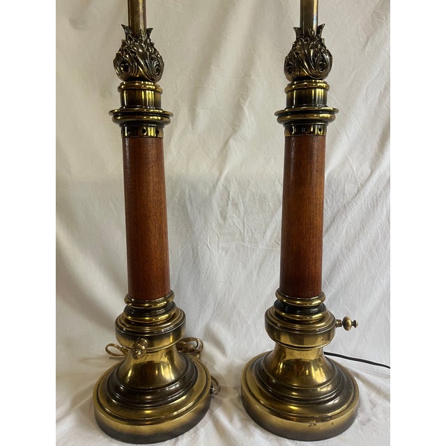 1970s Mid Century Modern Brass/Wood Stiffel Table Lamps - Set of 2 For Sale - Image 6 of 8
