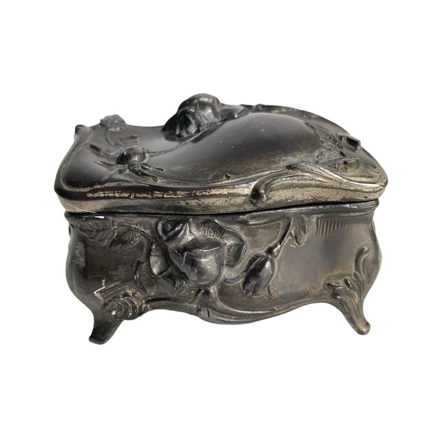 Art Nouveau Style Petite Jewelry Box Silver Plated Rose Motif For Sale - Image 9 of 9